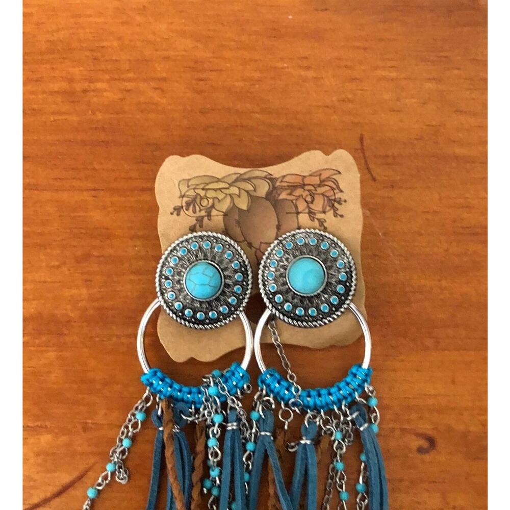 Justin Boots Turquoise Western Concho Earrings with Fringe NWT - Picture 3 of 14